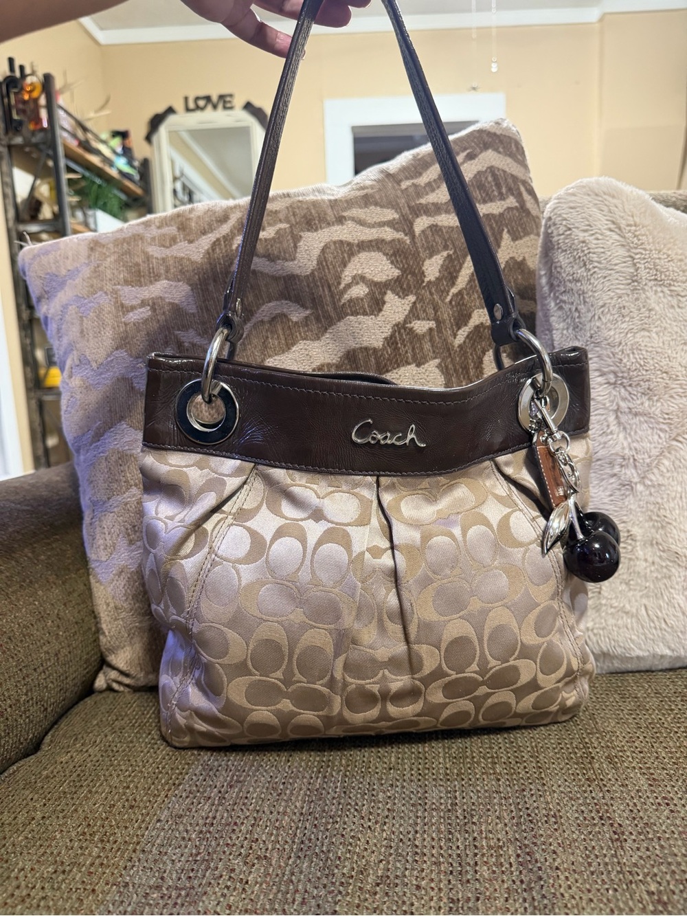 Coach Beige and Brown Signature Pleated Shoulder Bag Cherries not included